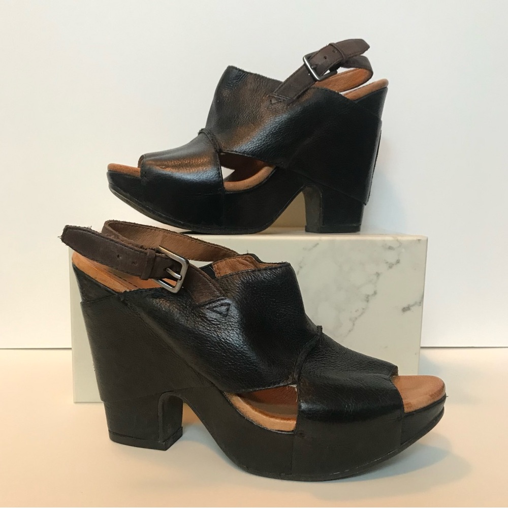 Naya black leather wedge heels with brown strap